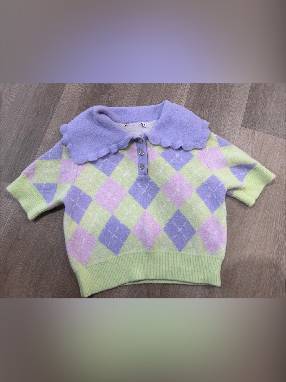 Women's Top: Pastel Argyle Knit Sweater with Scalloped Collar Size S-M
